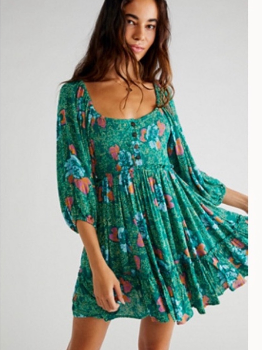 Free People Women's Green Floral Scoop-Neck Mini Dress with smocked bodice sz xs